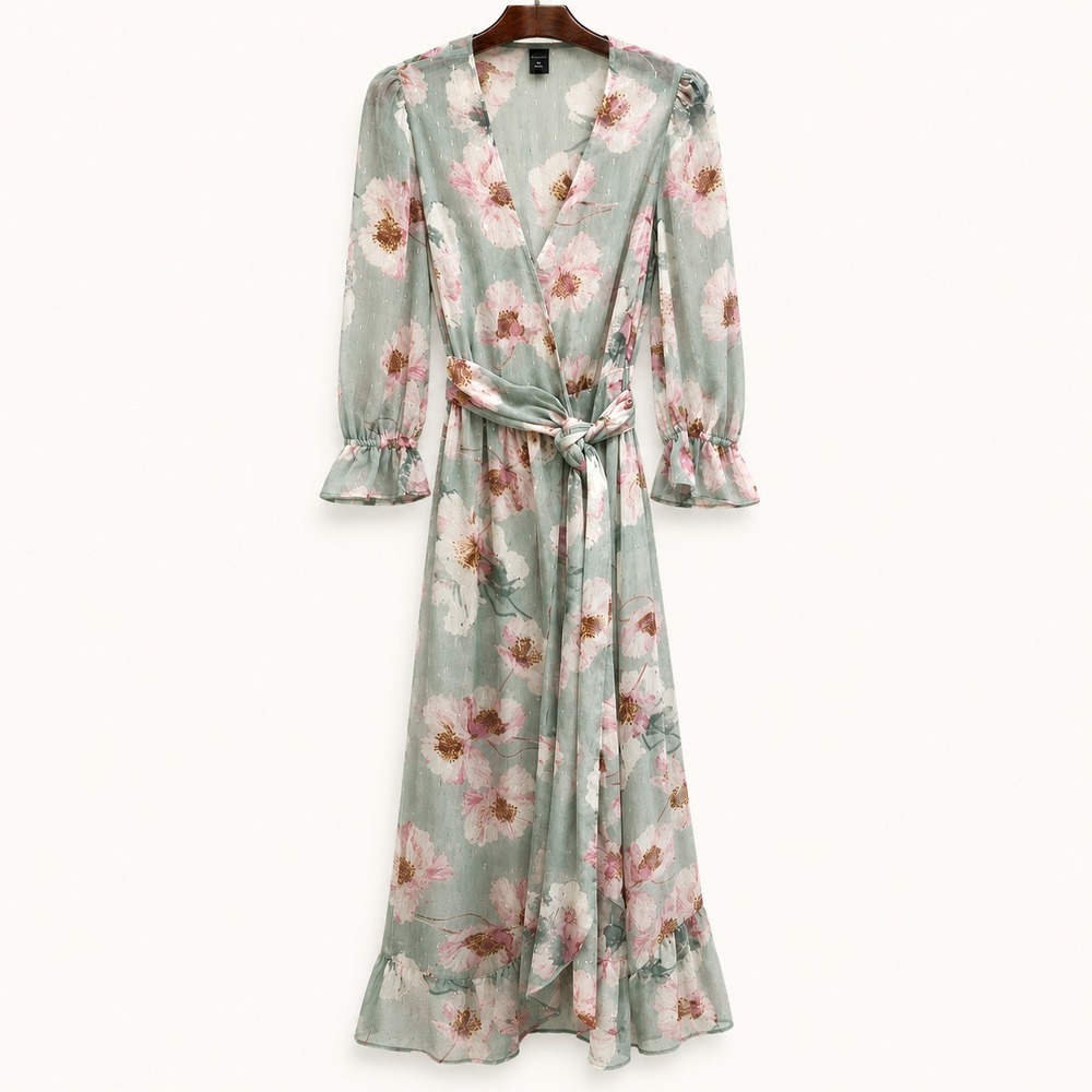 Express Dress Size S/M Sheer Blue Floral Wrap‎ Maxi Romantic Coquette Fairy
